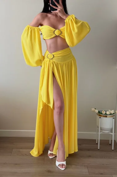 Kadın Sarı Crop Etek Takım 1041-3234