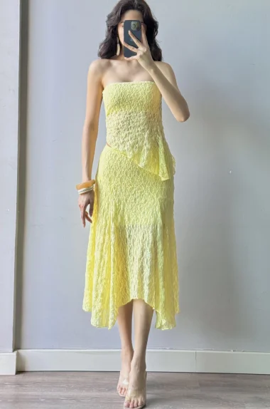 Kadın Sarı Dantel Crop Etek Takım 1026-221725