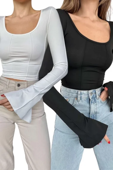 Kadın Siyah-beyaz İspanyol Kol Crop 0956-1702