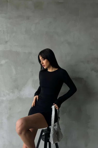 Kadın Siyah Büzgülü Kısa Elbise 1009-0843