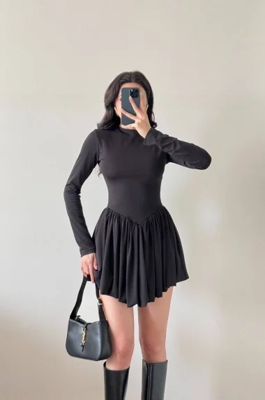 Kadın Siyah Dalgç Kumaş Balon Elbise 1041-2717