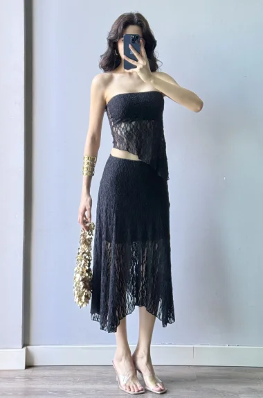 Kadın Siyah Dantel Crop Etek Takım 1026-221725