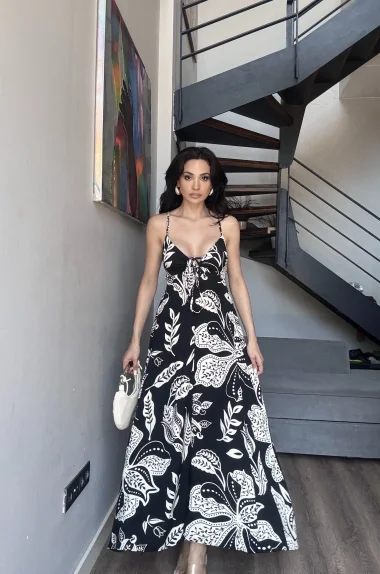 Kadın Siyah Desenli Askılı Uzun Elbise 0821-3010