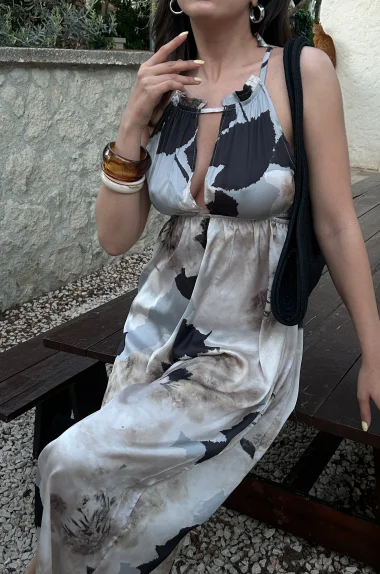 Kadın Siyah Desenli Saten Tulum 1040-4077