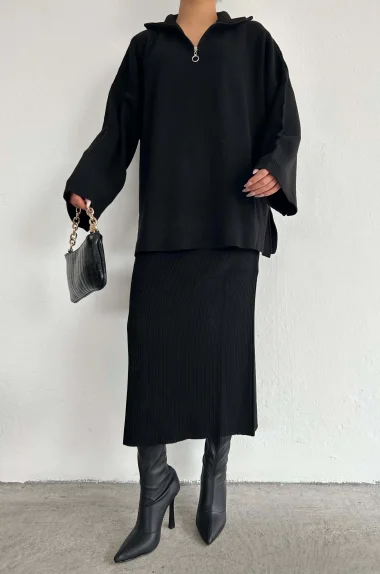 Kadın Siyah Fermuar Detay Fitilli Etek Takım 1014-3099