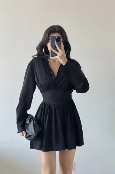 Kadın Siyah Gömlek Elbise 1041-2677