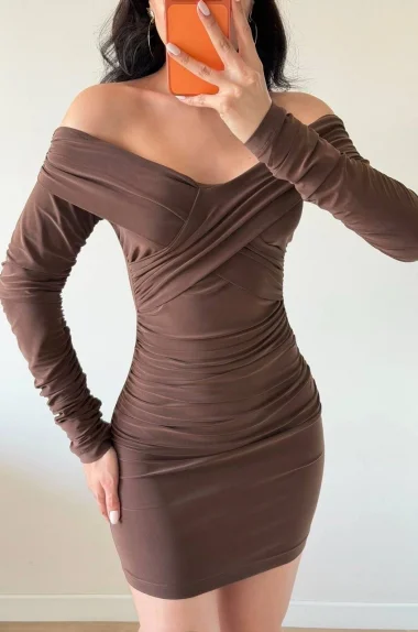 Kadın Siyah Kahve Çapraz Büzgülü Elbise 1041-2732