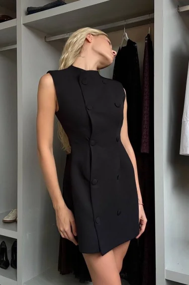 Kadın Siyah Kaplama Düğmeli Ceket Elbise 1041-2781