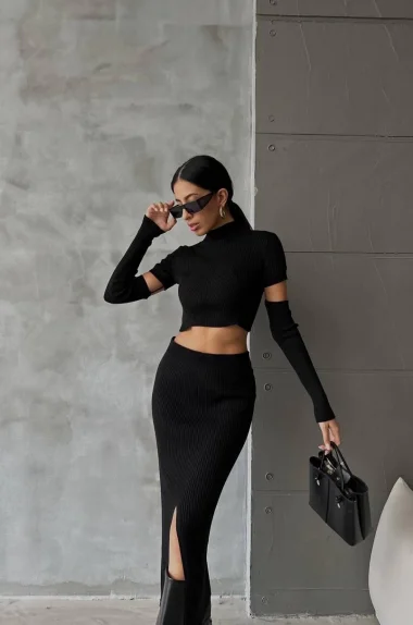 Kadın Siyah Parçalı Kol Etek Takım 0999-23229