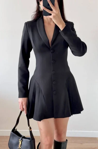 Kadın Siyah Pileli Ceket Elbise 1041-2707