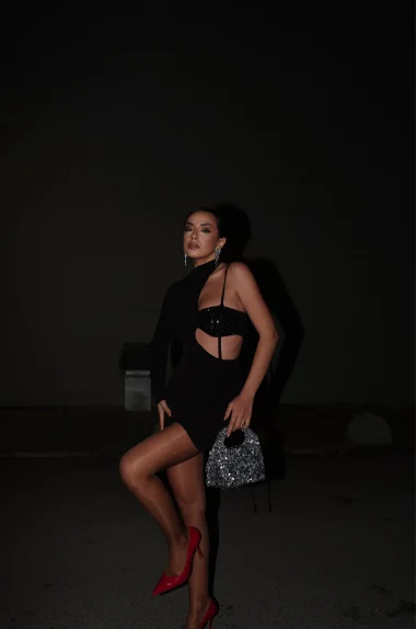 Kadın Siyah Pul Payet Detay Elbise 1026-221578