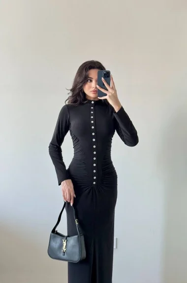 Kadın Siyah Sedef Düğme Sendy Elbise 1041-2705