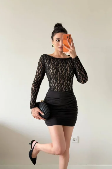 Kadın Siyah Sırt Dekolte Dantelli Elbise 1041-2767