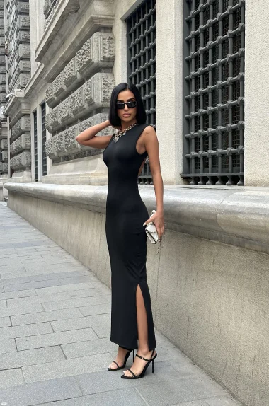 Kadın Siyah Sırt Dekolte Elbise 1026-0040