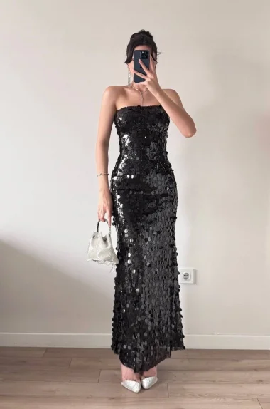 Kadın Siyah Straplez PulPayet Elbise 1041-2719