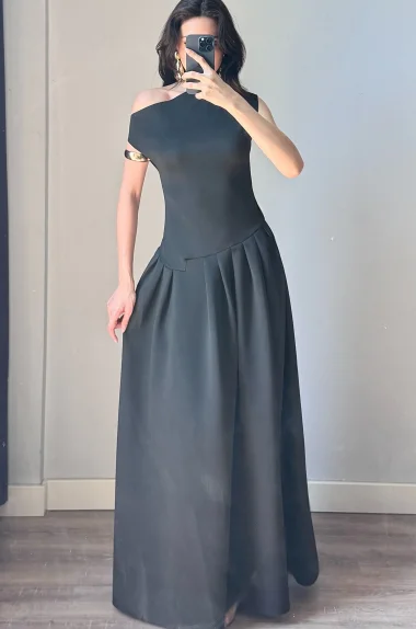 Kadın Siyah Tek Omuz Elbise 0994-0098