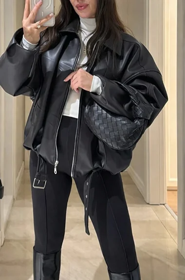 Kadın Siyah Trend Oversize Bomber Kemerli Deri Ceket 2788