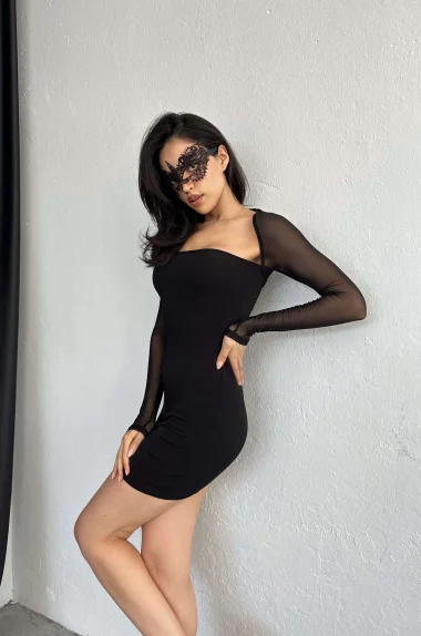 Kadın Siyah Tül Detay Elbise 1032-2485