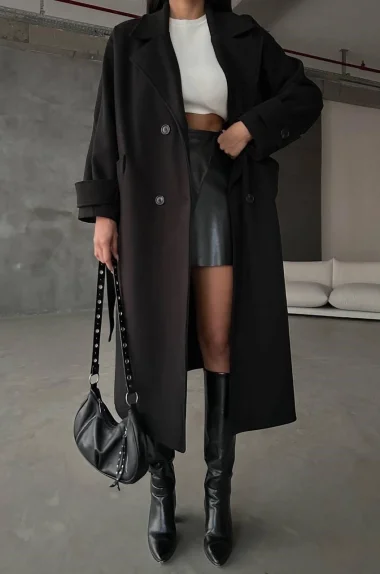 Kadın Siyah Uzun Kaşe Kaban 0999-1001