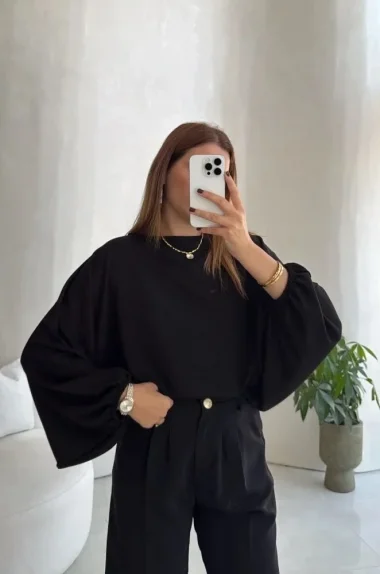 Kadın Siyah Yarasa Kol Oversize Bluz 1627