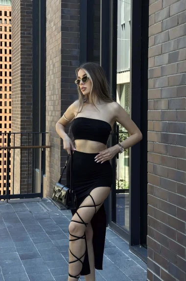 Kadın Siyah Yırtmaçlı Etek Crop Takım 1026-221522