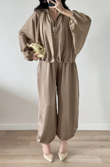 Kadın Vizon Saten Bomber Ceket Pantolon Takım 1046-9584