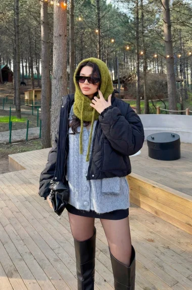 Kadın Yağ Yeşili Triko Balaklava Bere 594-14911