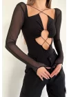 Kadın Siyah Dekolteli Tül Detay Bodysuit 1009-2030