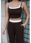 Kadın Kahve Askılı Crop Bel Lastik Pantolon Takım 2530