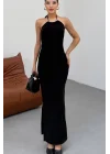 Kadın Siyah Aksesuarlı Lastikli Uzun Elbise 13956
