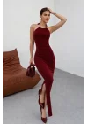 Kadın Bordo Aksesuarlı Lastikli Uzun Elbise 13956