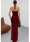 Kadın Bordo Aksesuarlı Lastikli Uzun Elbise 13956