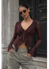 Kadın Kahve Dantel Bağlamalı Bluz 0600-0373