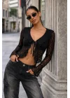 Kadın Siyah Dantel Bağlamalı Bluz 0600-0373