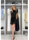 Kadın Siyah Dantel Şerit Saten Elbise 1041-2844