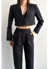 Kadın Siyah Önü Bağlamalı Crop Ceket 10120
