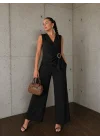 Kadın Siyah Aksesuarlı Bürümcük Bluz Pantolon Takım 2334