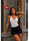 Kadın Beyaz Puantiyeli Dantel Detaylı Askılı Bodysuit 0800-0410