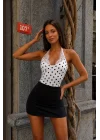 Kadın Beyaz Puantiyeli Dantel Detaylı Askılı Bodysuit 0800-0410