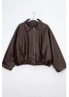 Kadın Acı Kahve Trend Oversize Bomber Kemerli Deri Ceket 2788