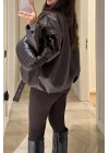 Kadın Acı Kahve Trend Oversize Bomber Kemerli Deri Ceket 2788