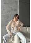 Kadın Bej Ajurlu Tığ İşi Dantel Bluz 3000