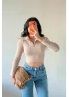 Kadın Bej Crop Kazak 1014-2022