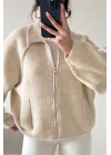 Kadın Bej Fermuarlı Oversize Hırka 1014-2381