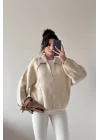 Kadın Bej Fermuarlı Oversize Hırka 1014-2381