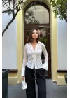Kadın Beyaz Bağlamalı Tül Gömlek 1026-0015