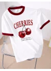 Kadın Beyaz Cherries Baskılı Tshirt 13878