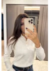 Kadın Beyaz Polo Yaka Kazak 1014-2402
