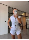 Kadın Beyaz Tokalı Kemerli Denim Şort Tulum 8062