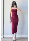 Kadın Bordo Askılı Yırtmaçlı Uzun Elbise 1009-1034
